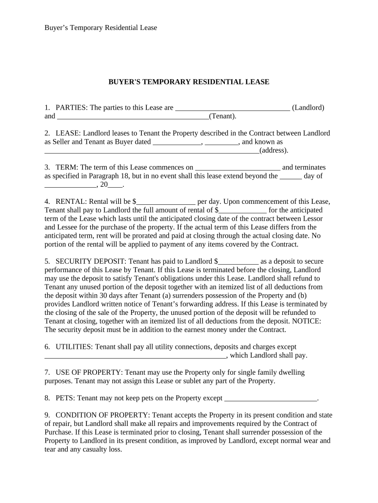 Temporary Lease Agreement to Prospective Buyer of Residence Prior to Closing Florida  Form