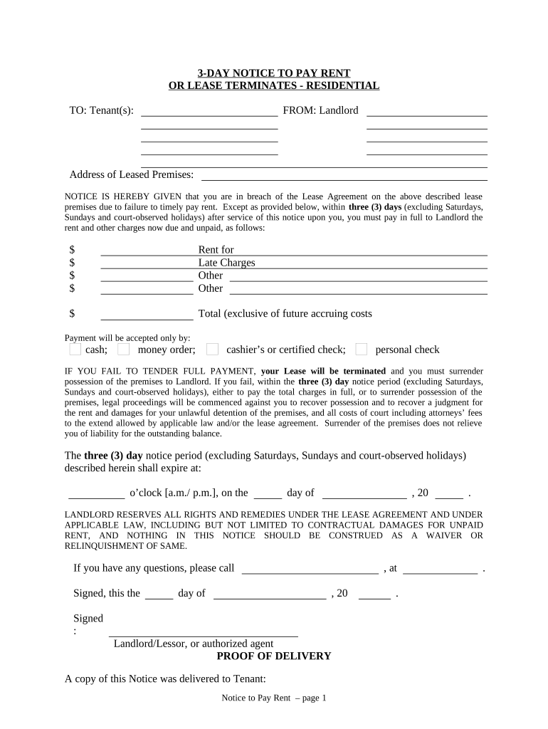 3 Day Notice to Pay Rent or Lease Terminated for Residential Property Florida Form