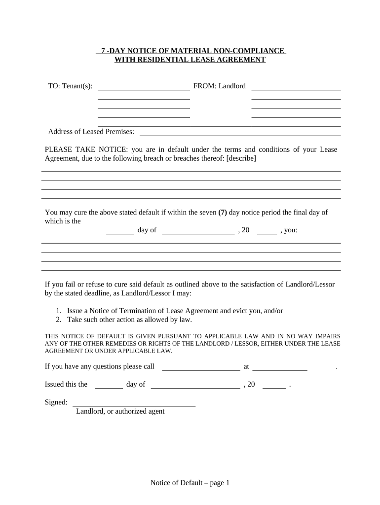 7 Day Notice of Material Noncompliance with Lease or Rental Agreement Residential 7 Days to Cure from Landlord to Tenant Florida  Form