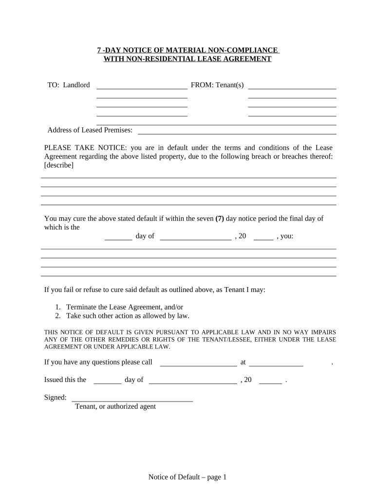 7 Day Notice of Material Noncompliance with Lease or Rental Agreement Nonresidential 7 Days to Cure from Tenant to Landlord Flor  Form