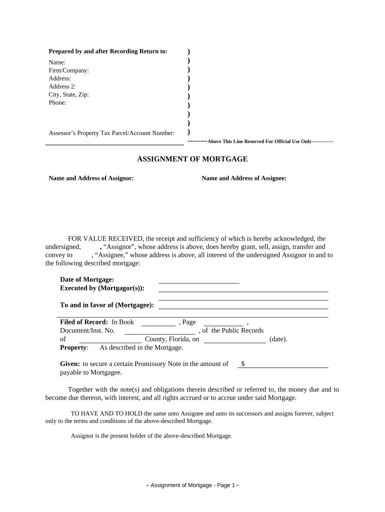 Assignment of Mortgage by Individual Mortgage Holder Florida  Form