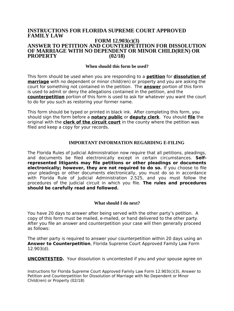 Answer to Petition and Counterpetition for Dissolution of Marriage with No Dependent or Minor Children or Property Florida  Form