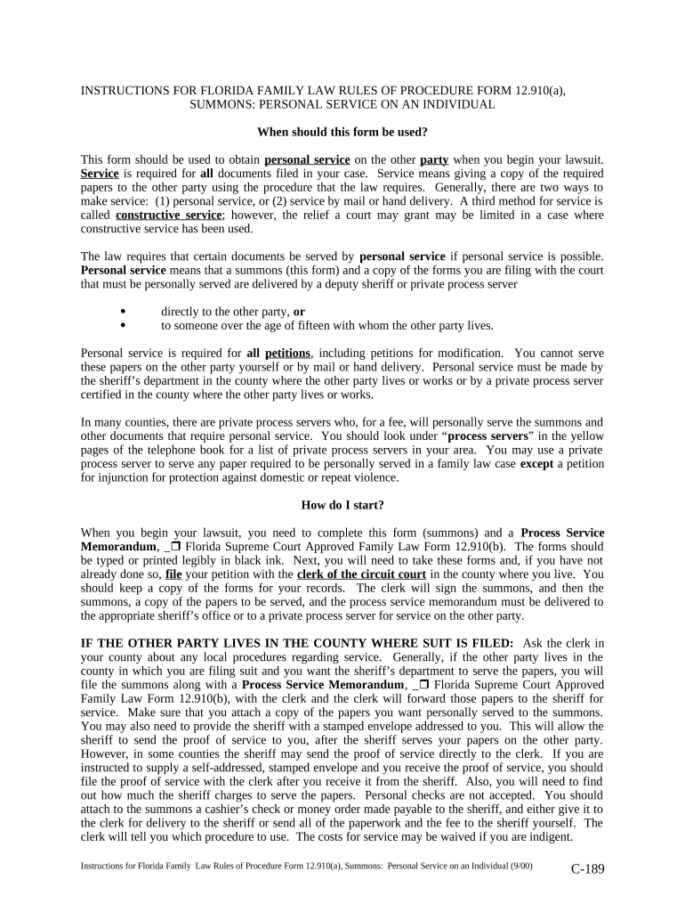 Summons Personal Service on an Individual Florida  Form