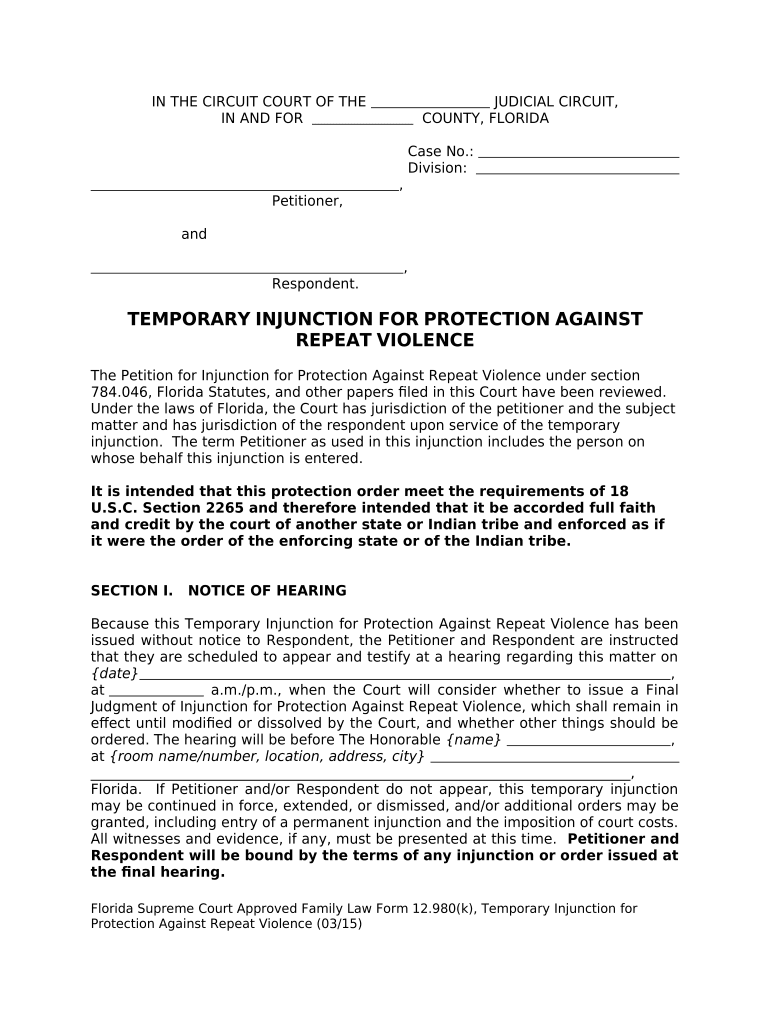 Florida Injunction Violence Form