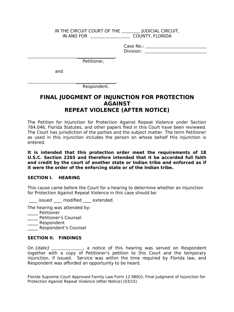Florida Injunction Against  Form