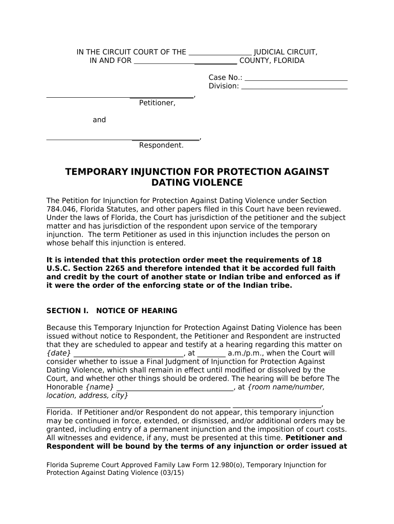 Fl Injunction Protection  Form
