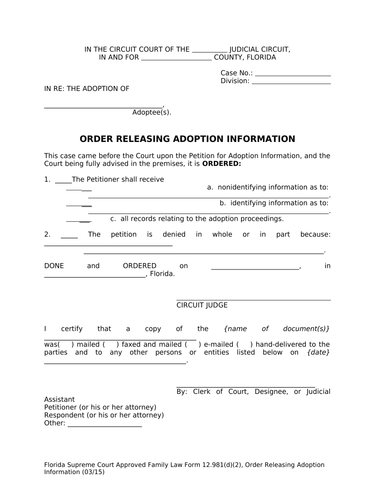 Order Releasing Adoption Information Florida