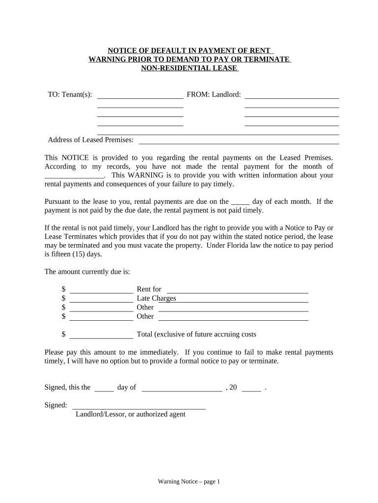 Notice of Default in Payment of Rent as Warning Prior to Demand to Pay or Terminate for Nonresidential or Commercial Property Fl  Form