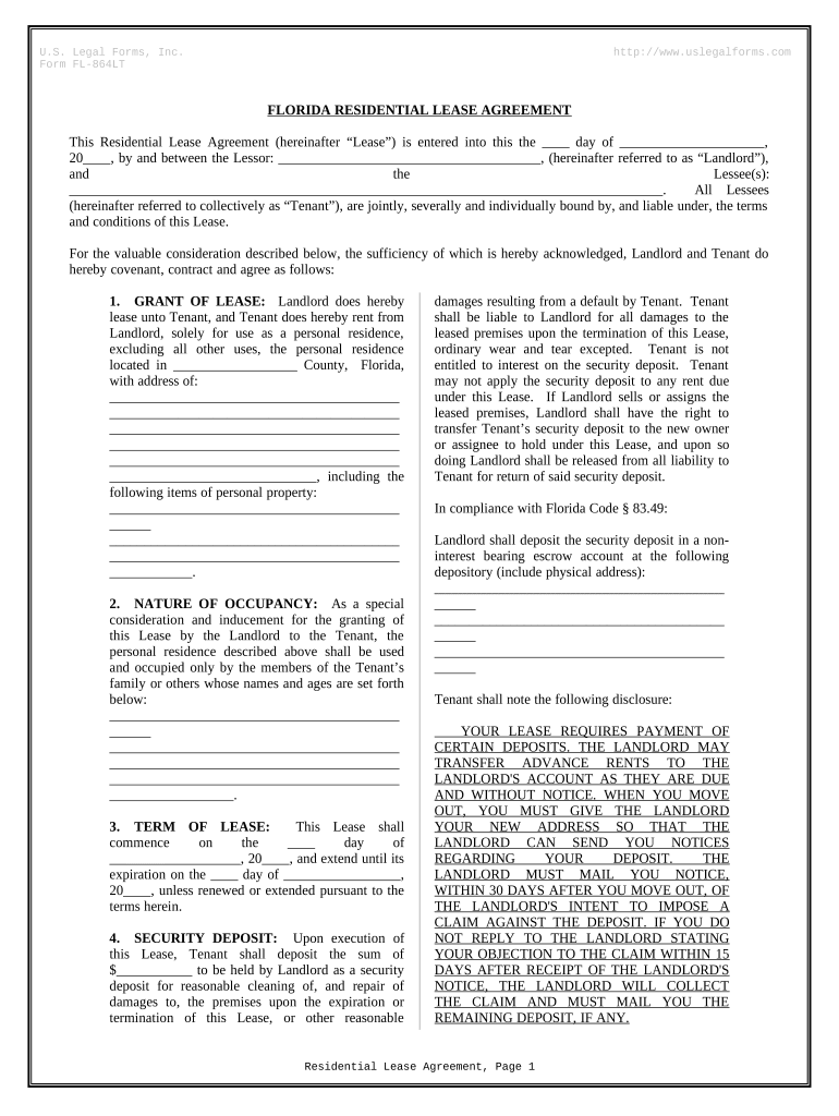 Residential Rental Lease Agreement Florida  Form