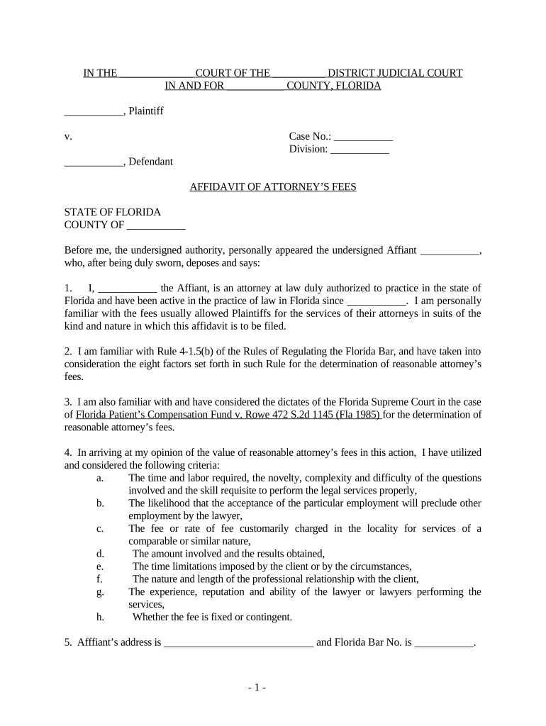 Affidavit for Attorney's Fees Florida  Form