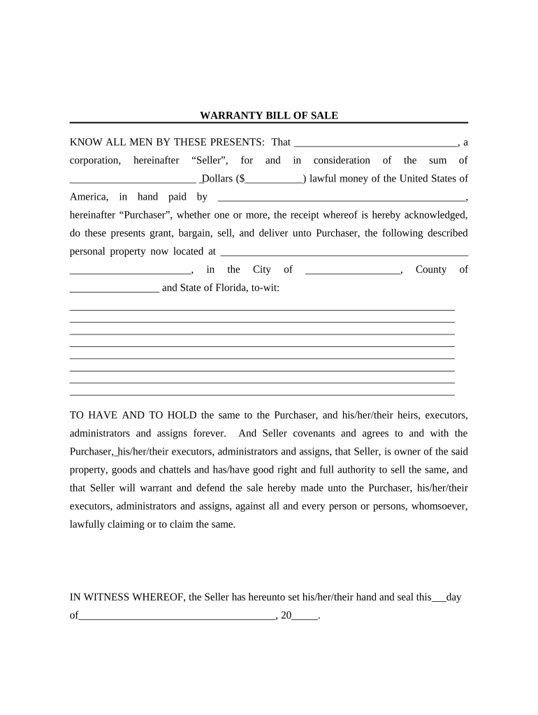Bill of Sale with Warranty for Corporate Seller Florida  Form