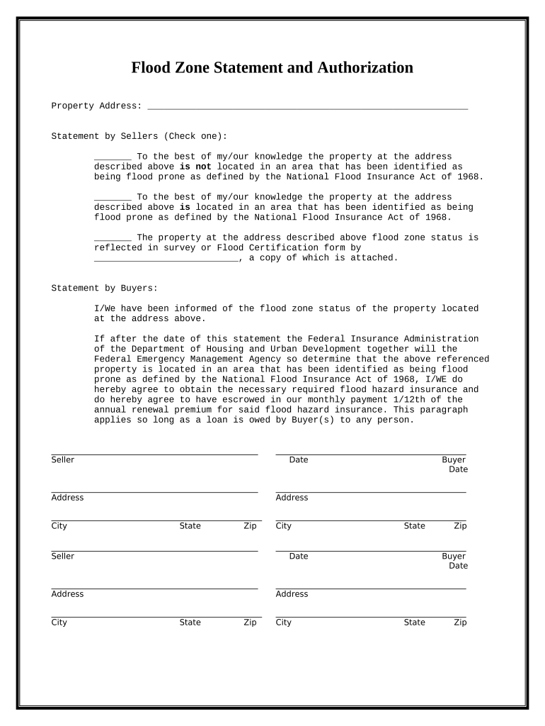 Flood Zone Statement and Authorization Florida  Form