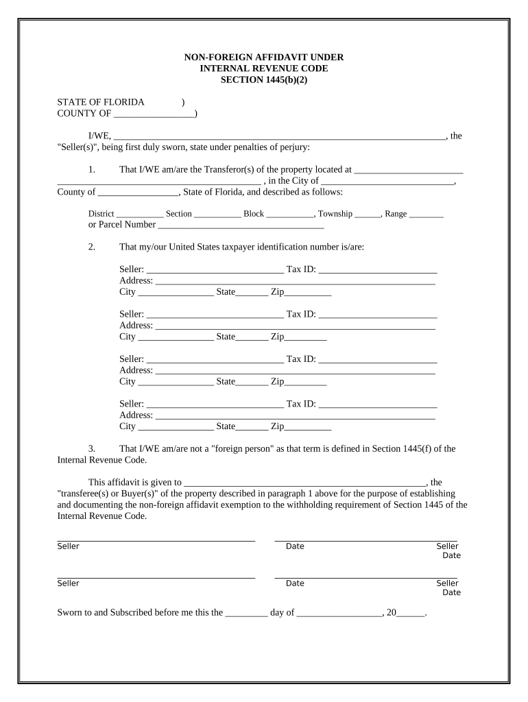 Non Foreign Affidavit under IRC 1445 Florida  Form