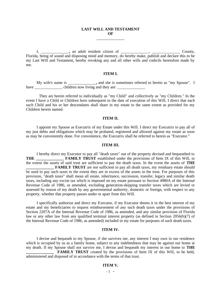 Complex Will with Credit Shelter Marital Trust for Large Estates Florida Form