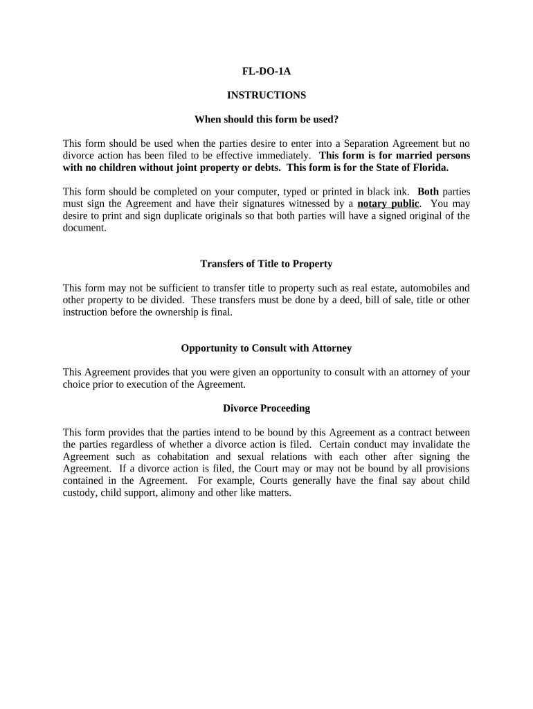 Marital Legal Separation and Property Settlement Agreement for Persons with No Children, No Joint Property, or Debts Effective I  Form