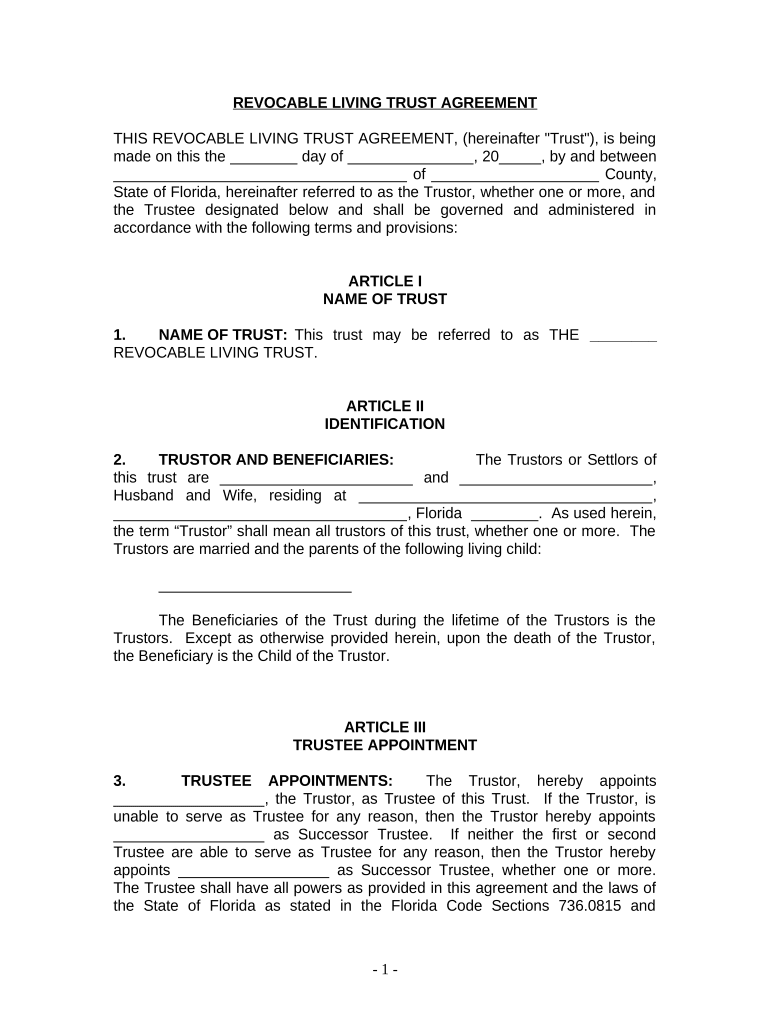 Living Trust for Husband and Wife with One Child Florida  Form