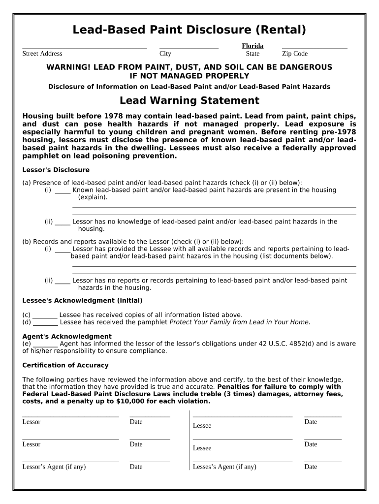 Lead Based Paint Disclosure for Rental Transaction Florida  Form