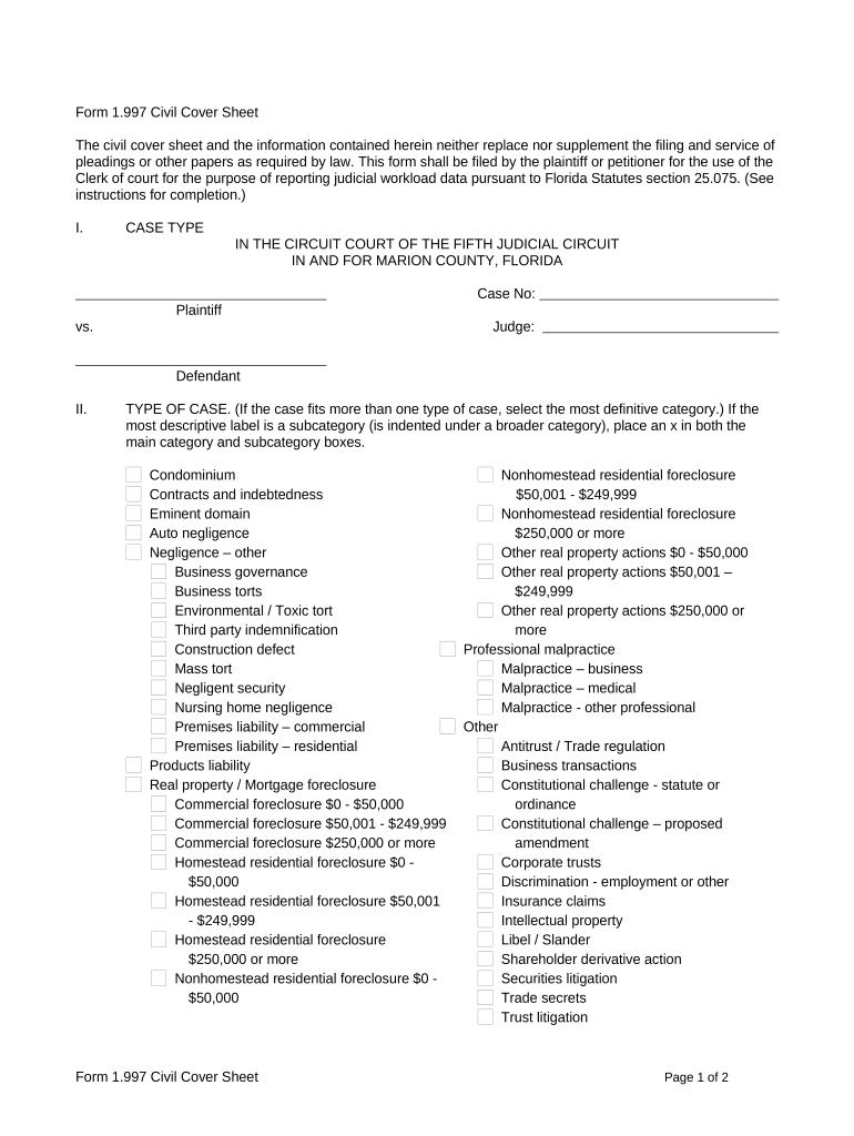 Florida Civil Cover  Form