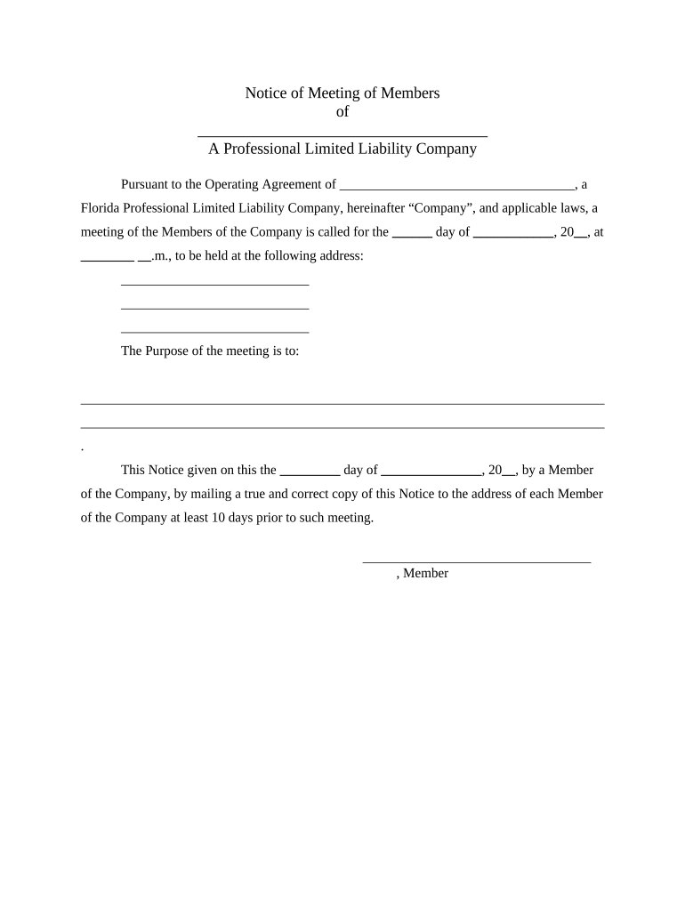 PLLC Notices and Resolutions Florida  Form