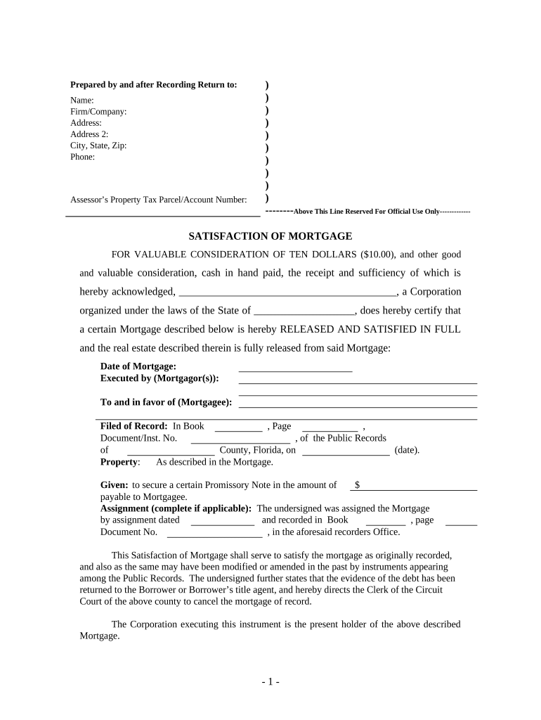 Satisfaction, Release or Cancellation of Mortgage by Corporation Florida  Form