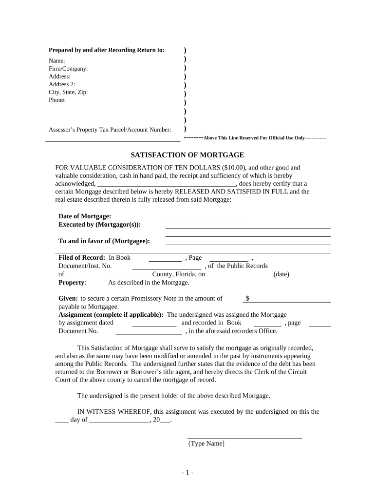 Satisfaction, Release or Cancellation of Mortgage by Individual Florida  Form