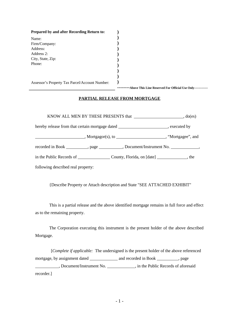 Partial Release of Property from Mortgage for Corporation Florida  Form