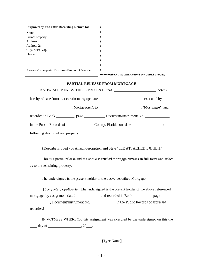 Partial Release of Property from Mortgage by Individual Holder Florida  Form