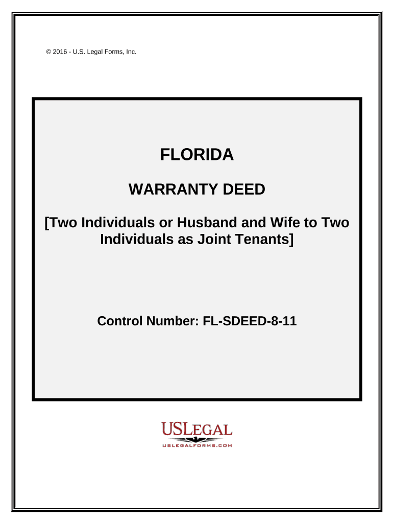 Warranty Deed from Individuals or Husband and Wife to Two 2 Individuals as Joint Tenants with the Right of Survivorship Florida  Form