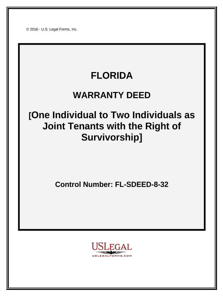 Warranty Deed One Individual to Two Individuals as Joint Tenants with the Right of Survivorship Florida  Form