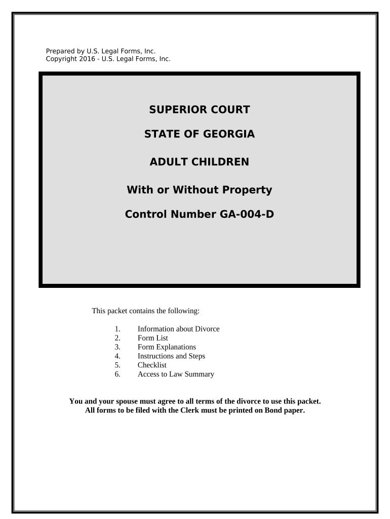 No Fault Uncontested Agreed Divorce Package for Dissolution of Marriage with Adult Children and with or Without Property and Deb  Form