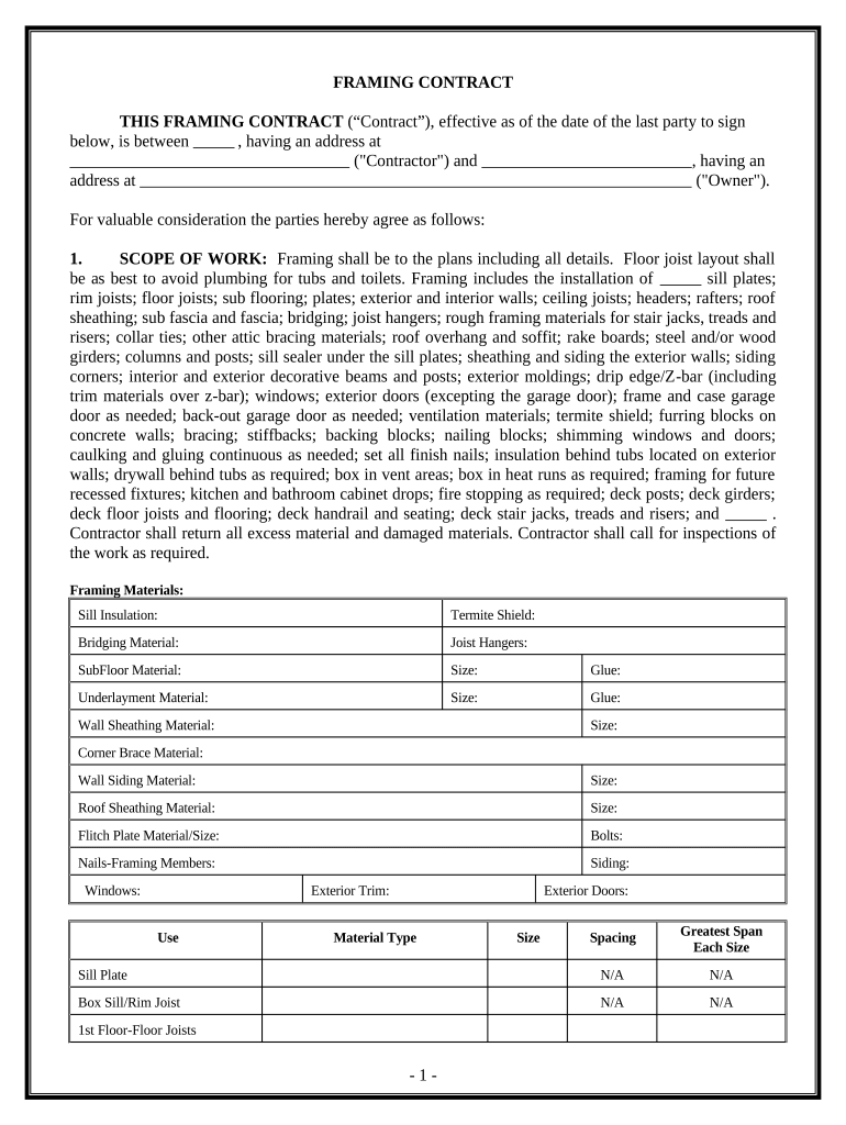 Framing Contract for Contractor Georgia  Form