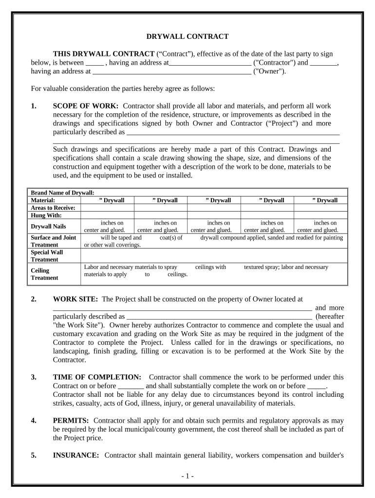 Sheetrock Drywall Contract for Contractor Georgia  Form