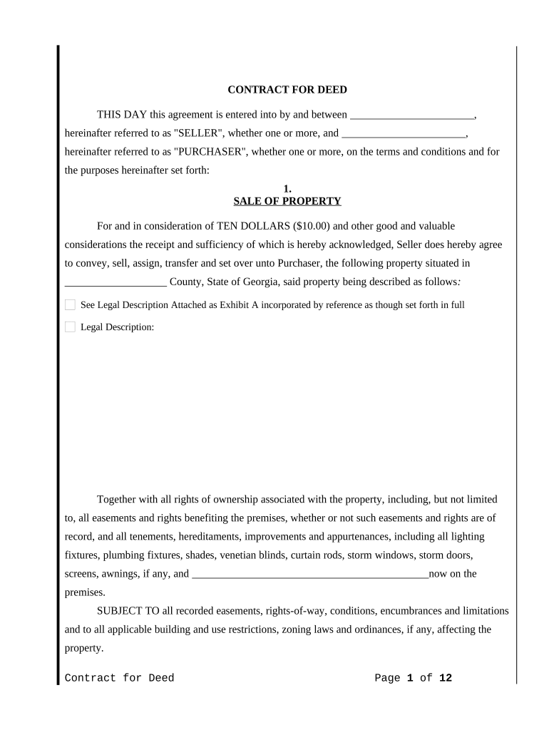 Agreement or Contract for Deed for Sale and Purchase of Real Estate Aka Land or Executory Contract Georgia  Form