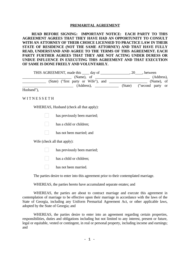 Georgia Prenuptial Premarital Agreement with Financial Statements Georgia  Form