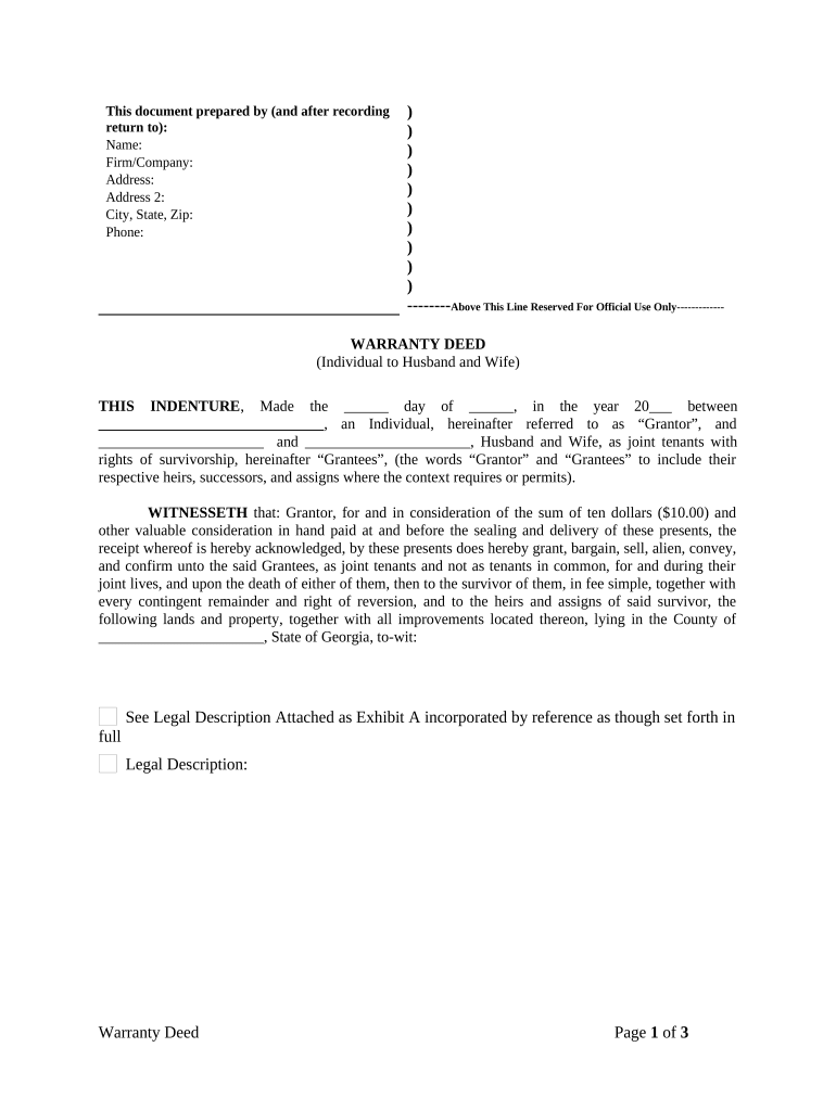 Warranty Deed from Individual to Husband and Wife Georgia  Form