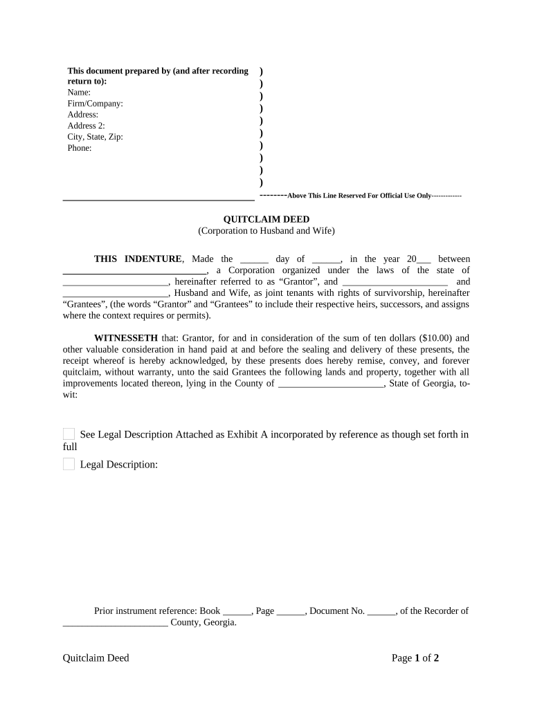 Quitclaim Deed from Corporation to Husband and Wife Georgia  Form