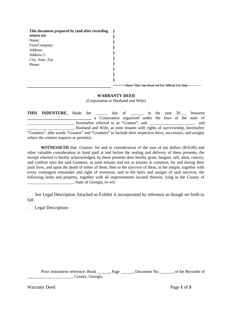 Warranty Deed from Corporation to Husband and Wife Georgia  Form