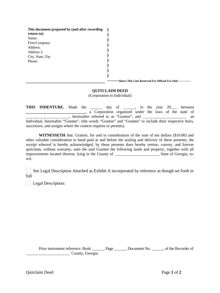 Quitclaim Deed from Corporation to Individual Georgia  Form