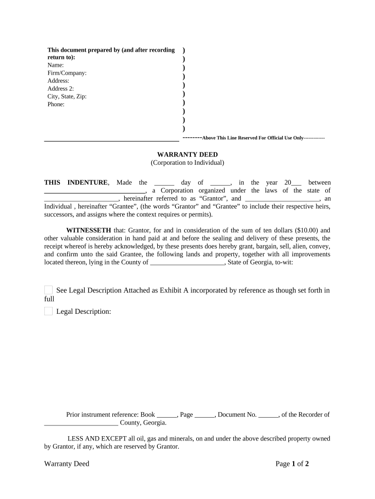 Warranty Deed from Corporation to Individual Georgia  Form