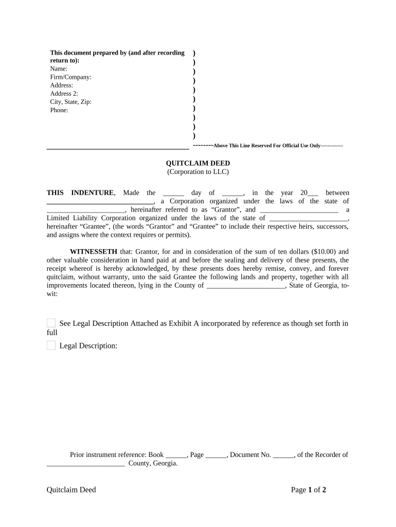 Quitclaim Deed from Corporation to LLC Georgia  Form