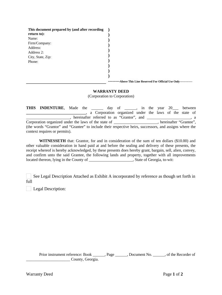 Warranty Deed from Corporation to Corporation Georgia  Form