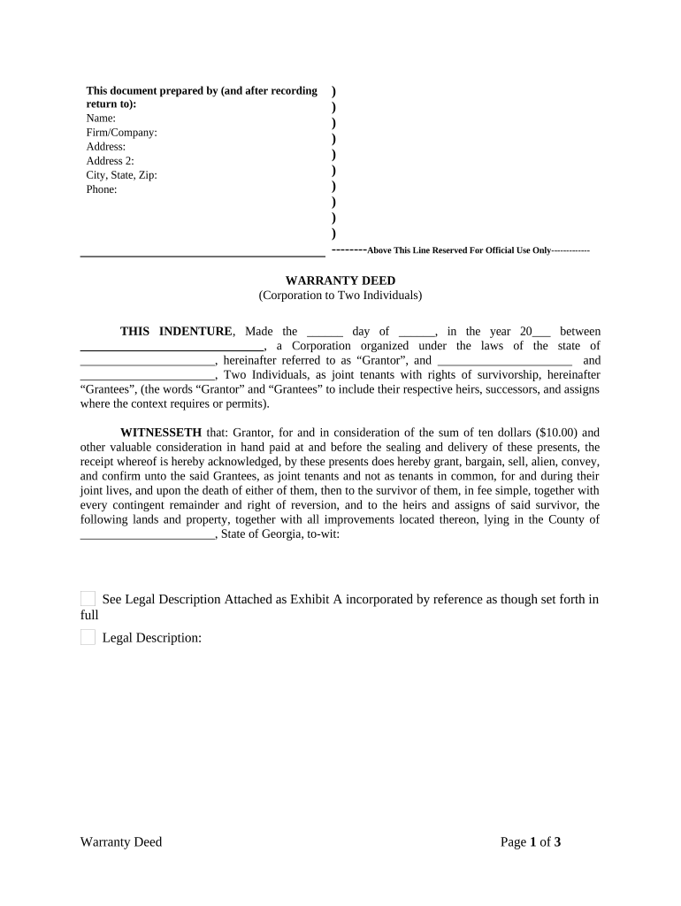 Warranty Deed from Corporation to Two Individuals Georgia  Form