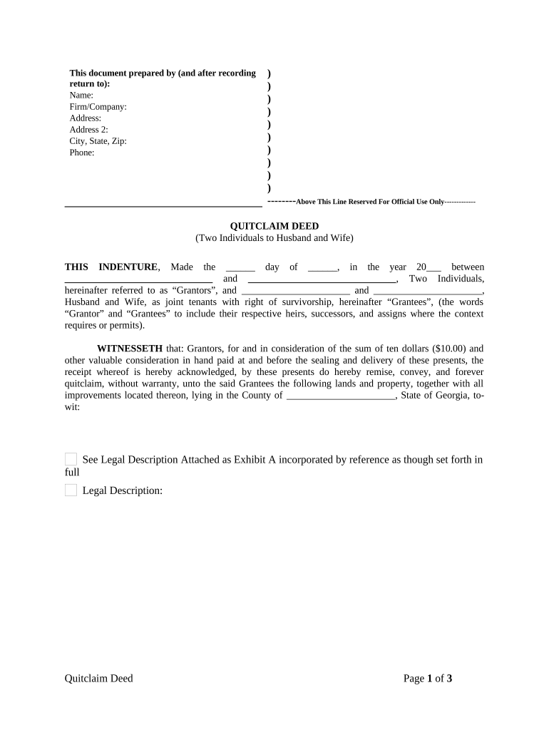 Quitclaim Deed by Two Individuals to Husband and Wife Georgia  Form