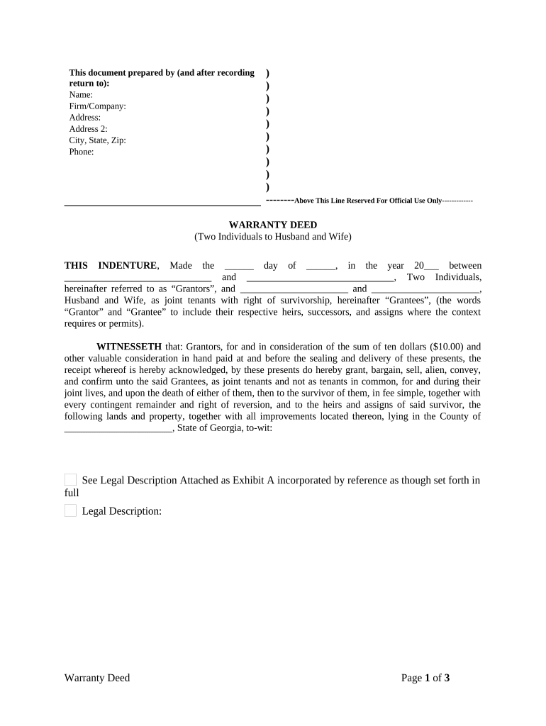 Warranty Deed from Two Individuals to Husband and Wife Georgia  Form