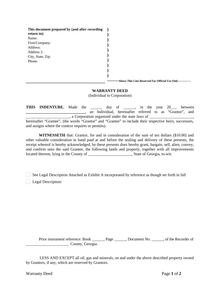 Warranty Deed from Individual to Corporation Georgia  Form