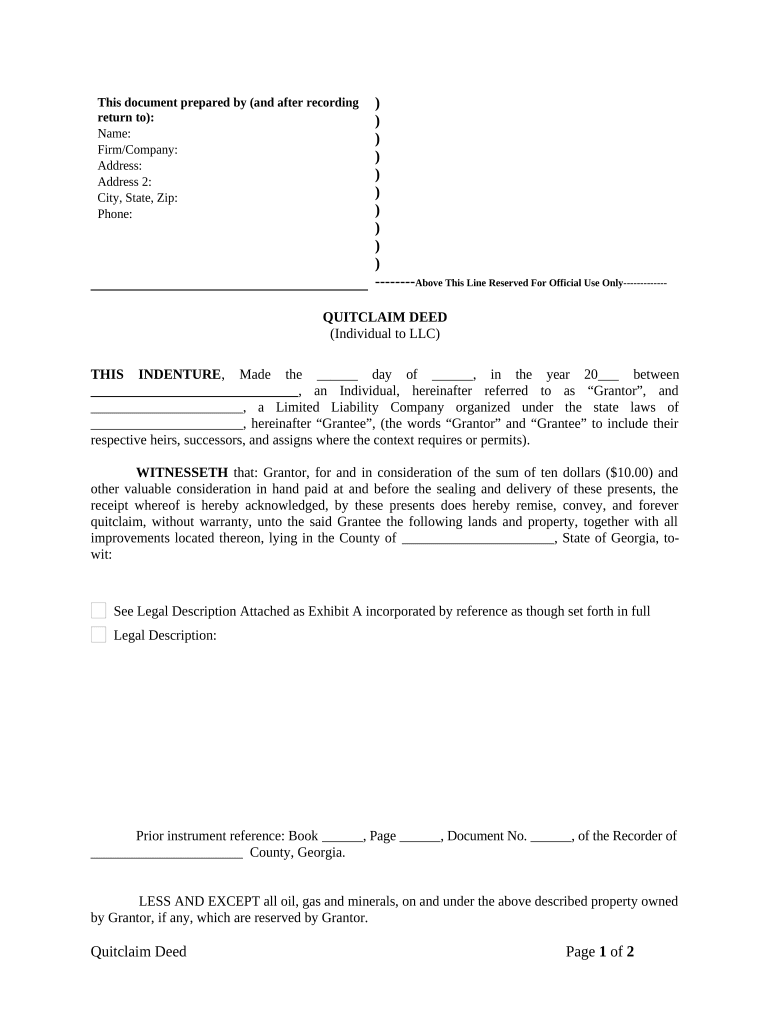 Quitclaim Deed from Individual to LLC Georgia  Form