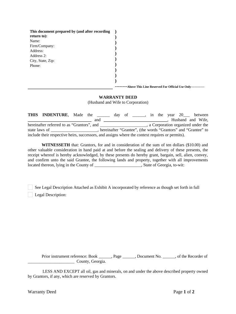 Warranty Deed from Husband and Wife to Corporation Georgia  Form