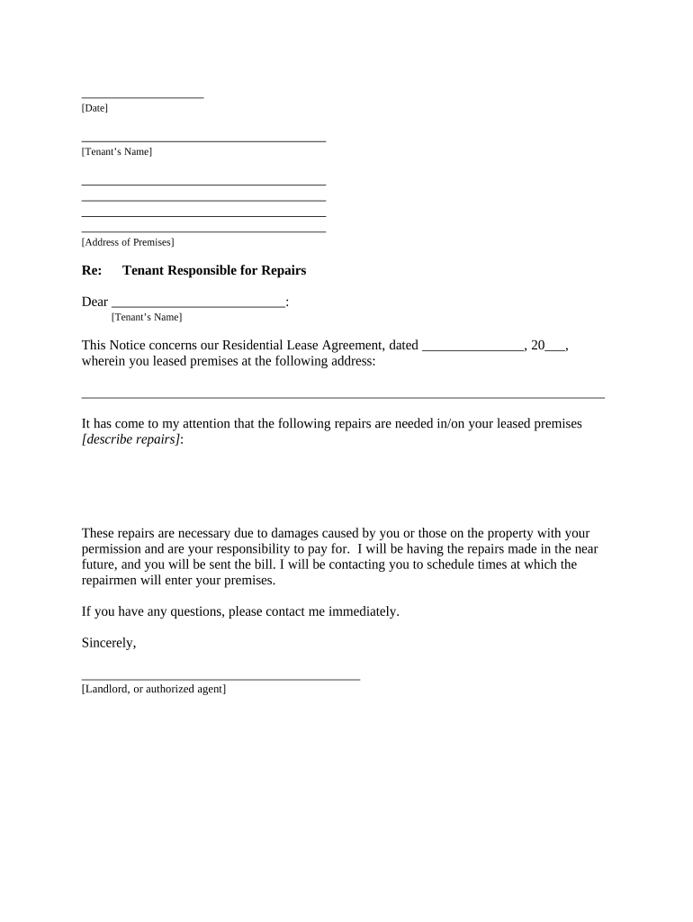 Letter from Landlord to Tenant as Notice to Tenant to Repair Damage Caused by Tenant Georgia  Form