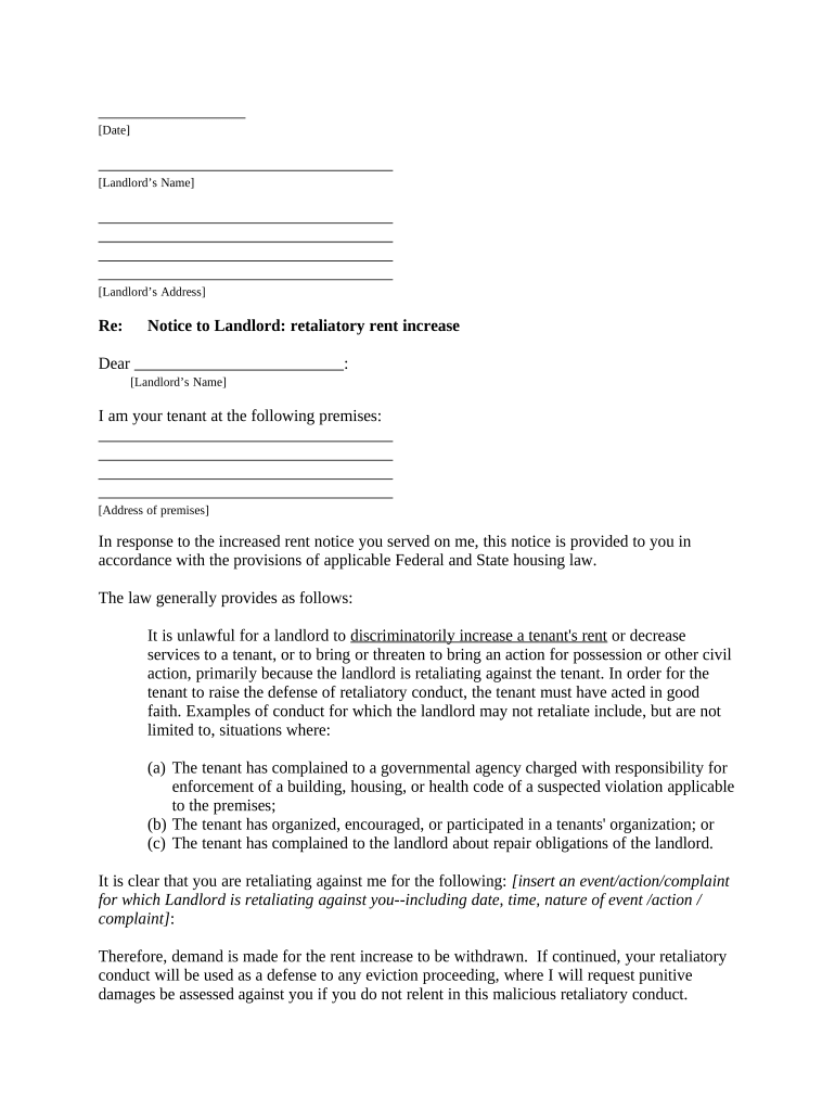 Letter from Tenant to Landlord Containing Notice to Landlord to Withdraw Retaliatory Rent Increase Georgia  Form