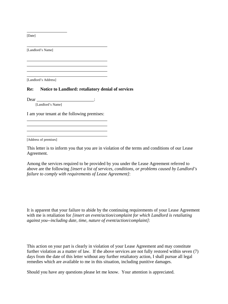 Letter from Tenant to Landlord Containing Notice to Landlord to Cease Retaliatory Decrease in Services Georgia  Form